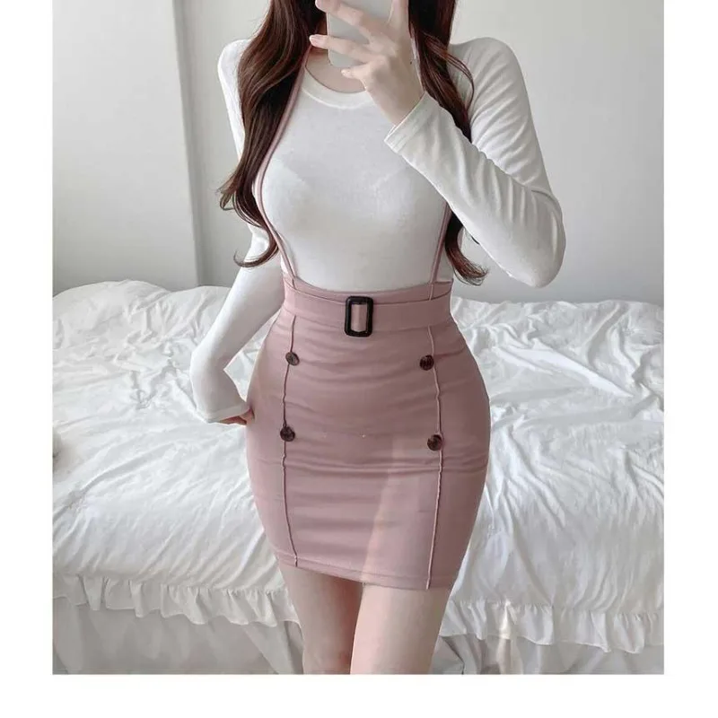 Conjunto de 2 Piezas para Mujer, Estilo Coreano Picante, Cuello Cuadrado, Cintura Alta, Falda Ajustada, Top de Manga Corta, Estilo Y2K Vintage Chic, Corte Entallado
