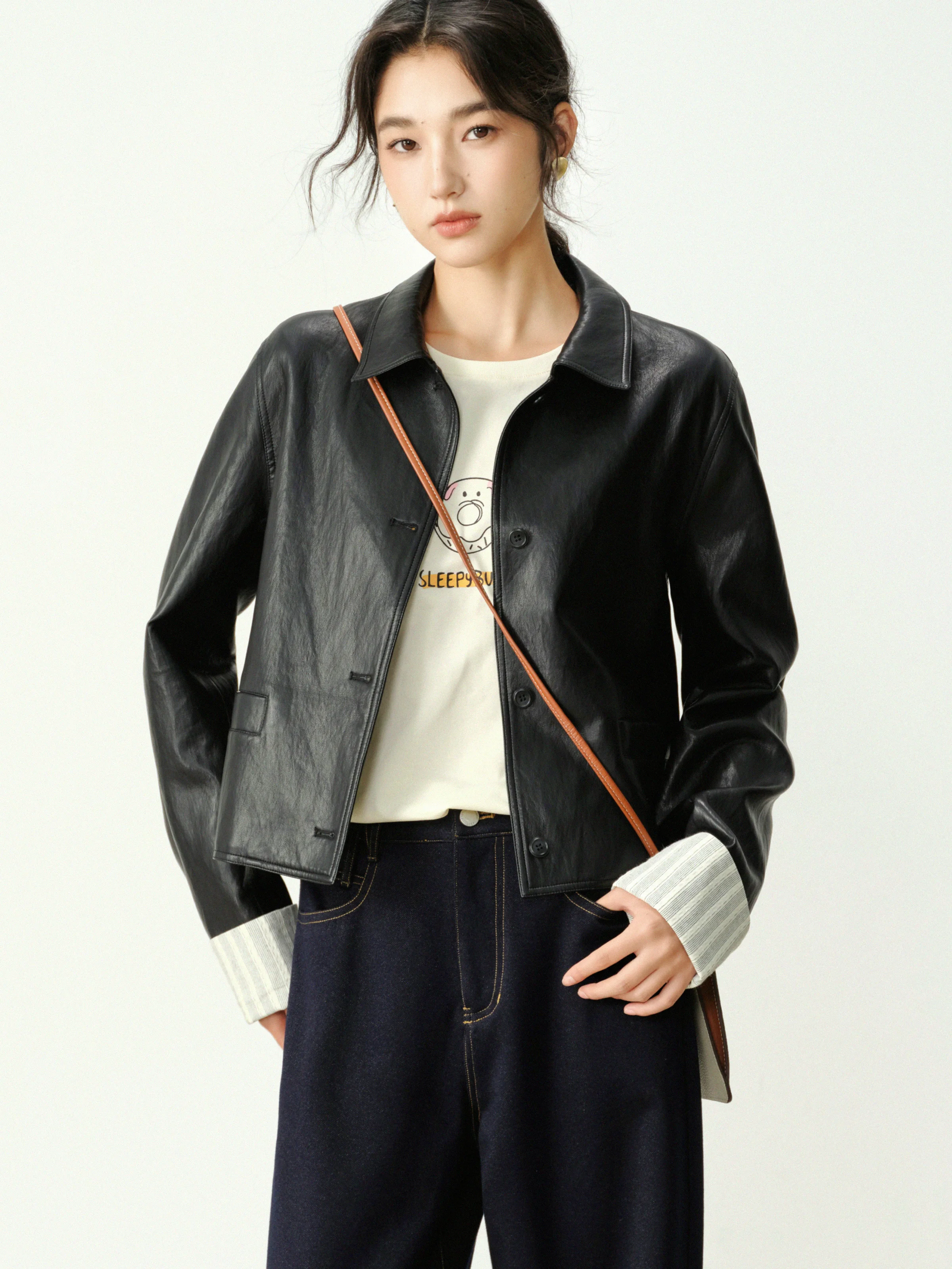 Vintage PU Leather Jacket for Women Short Loose Fit Coat Autumn Casual Turn Down Collar Outerwear Fashion Cropped Motorcycle Top