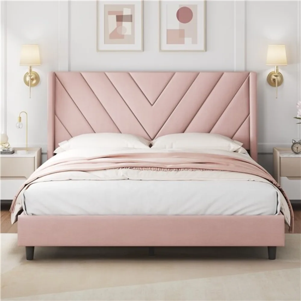 Marco de cama tapizado Queen con soporte de listones de madera, no necesita somier, rosa