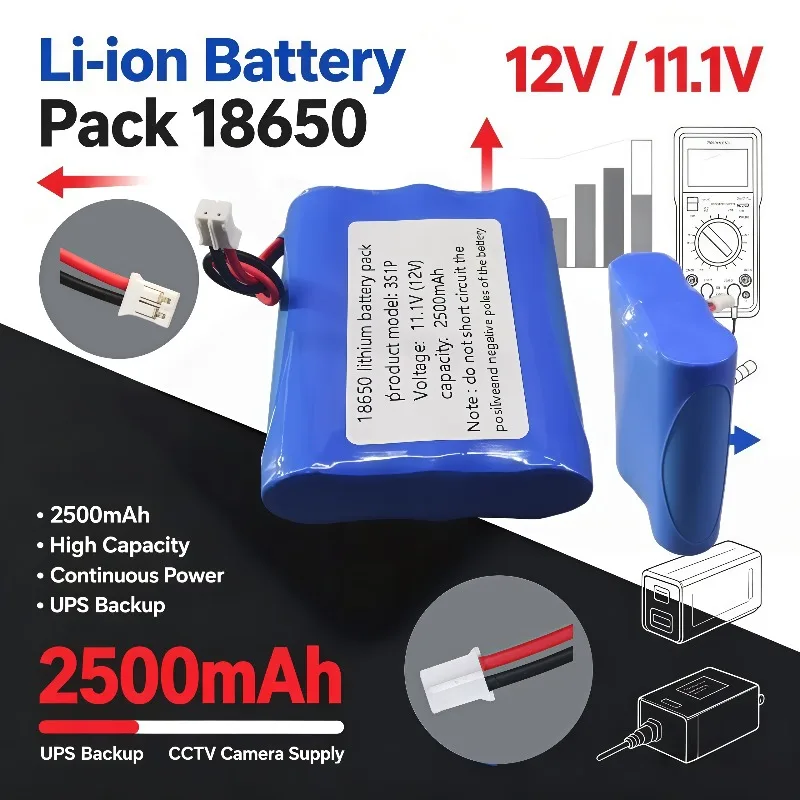 18650 3S1P 2500mAh 11.1V Li‑ion Battery Pack, 12V Rechargeable Battery for UPS CCTV Camera Backup Supply