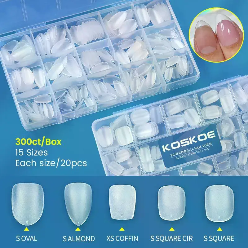 300 sztuk/pudełko Pełne Matowe Sztuczne Paznokcie Akrylowe Końcówki Żelowe Miękkie Żelowe Paznokcie Kwadratowe Trumienki Migdałki Owalne Naklejane Końcówki do Manicure Przedłużania Paznokci