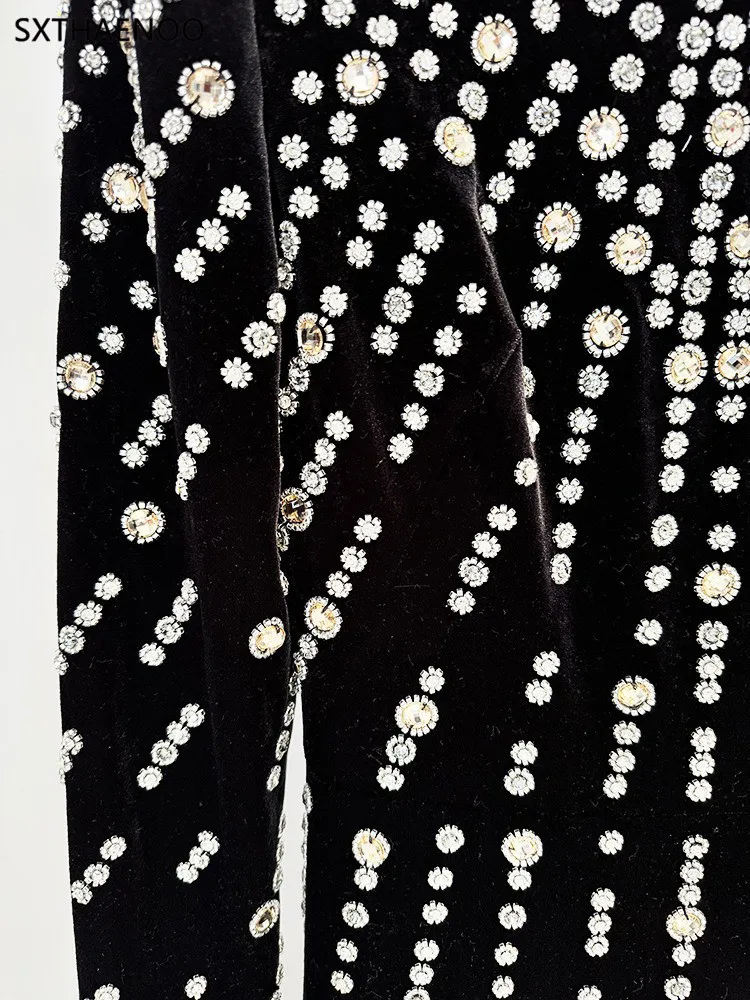 SXTHAENOO 2025 vestido de noche adornado negro de manga larga para mujer elegante vestido de fiesta de graduación de sirena con cuentas y cuello simulado