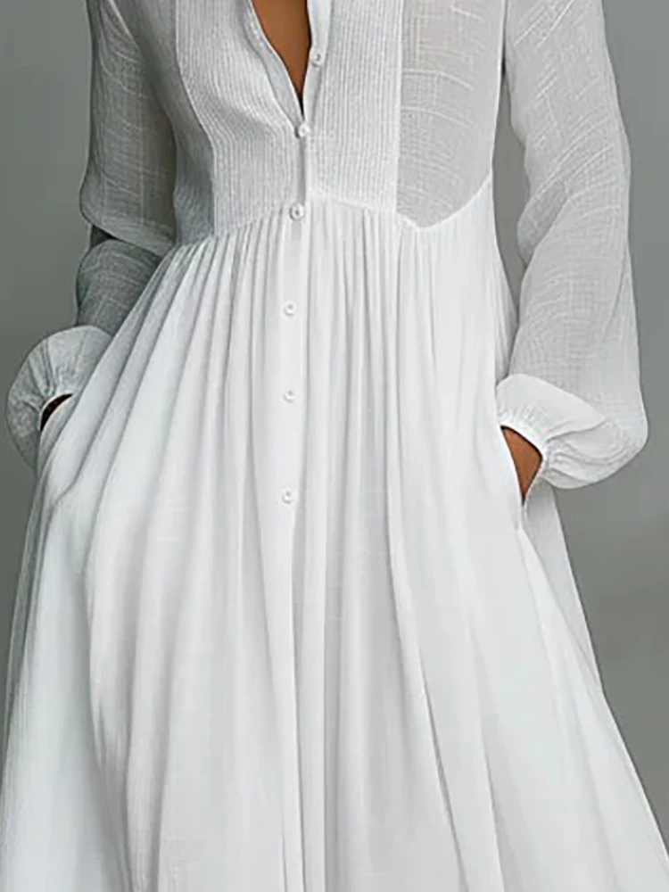 Casual Pocket Lange Mouw Swing Jurk Mode Stand Kraag Franse Witte Jurk Vrouwen Elegante Single-breasted Geplooide Lange Jurk
