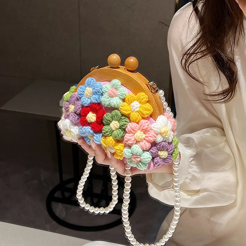 2024 Forest Fairy Flowers Bag Lovely Pearl Chain One Shoulder Canvas Shell Bag Portable Mini Handbag Fashion Women