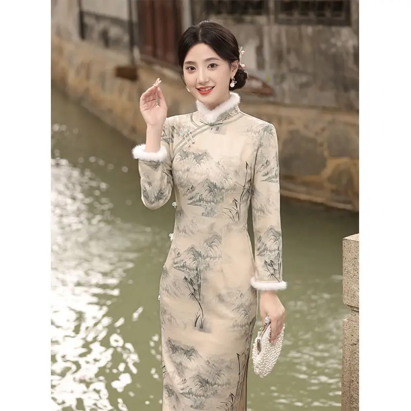 

Ципао в современном китайском стиле, осень-зима 2022, утепленное платье Cheongsam с длинными рукавами, улучшенное элегантное элитное тонкое платье для молодых девушек