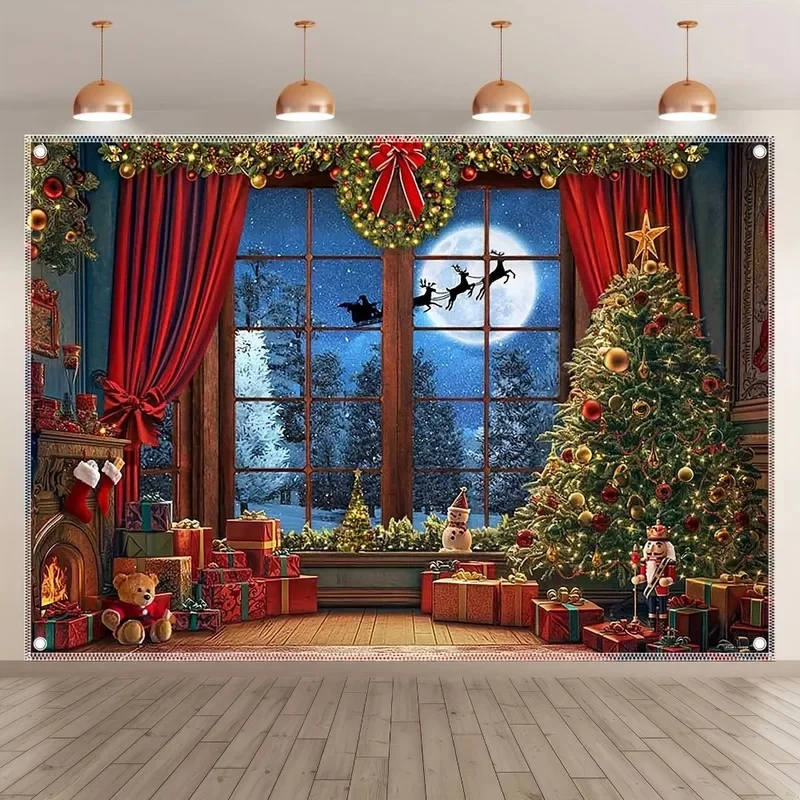 VIKAMA Christmas Window Scene Tapestry Xmas Tree Fireplace Gift Wall Hanging Home Holiday Party Photo Background