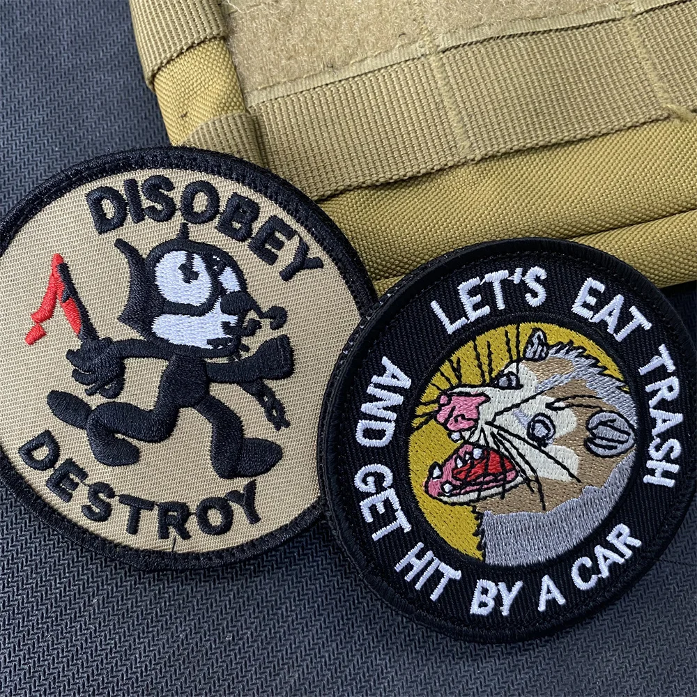 Tomcat Felix Cat Disobey Destroy Embroidery Morale Tactical Patch Lets Eat Trash and Get Hit By A Car Mouse Patches on Clothes