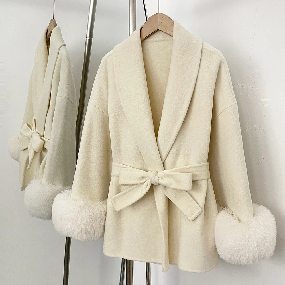 Pelzmantel Umweltfreundliche Frauen Mantel Gefälschte Fuchs Pelz Wolle Mantel Patchwork Woolen Mantel Faux Pelz Frauen Wolle Jacke Herbst frühling