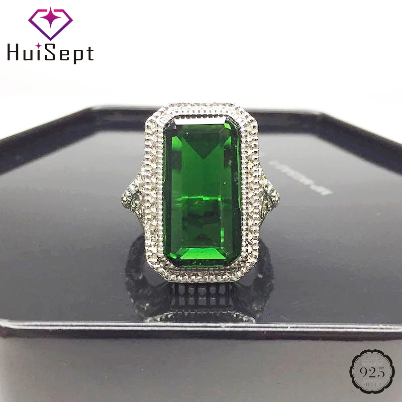 

HuiSept Classic Silver 925 Female Rings Jewelry Rectangle Emerald Gemstone Gift Ring Wedding Engagement Party Ornament Wholesale