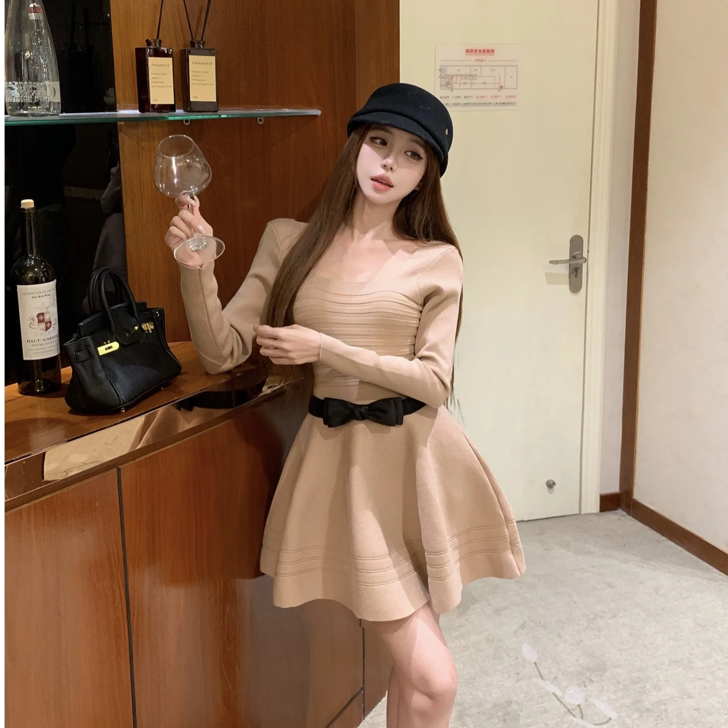 

Ele Knitted Long Sve Slim Dr с поясом на талии с узлом, осень-зима, новое женское платье Faion с высокой талией