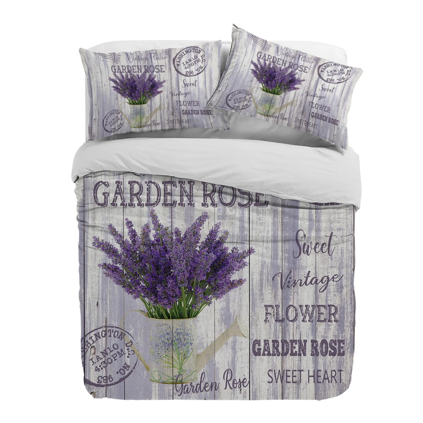 

Flower Lavender Kettle Vintage Postcard Wood Duvet Cover With Pillow Case 3pcs Bedding Set Quilt Cover Double Bed Home Textile