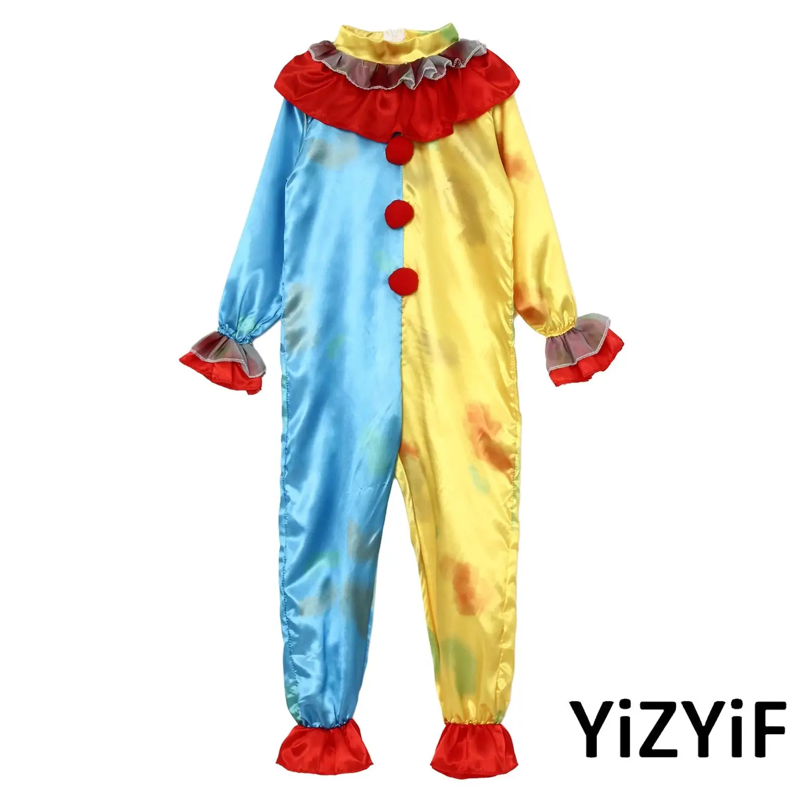 

Kids Boys Jester Bodysuit Ruffled Collar Long Sleeve Back Zipper Clown Jumpsuit Elastic Cuffs for Halloween Cosplay Stage Outfit