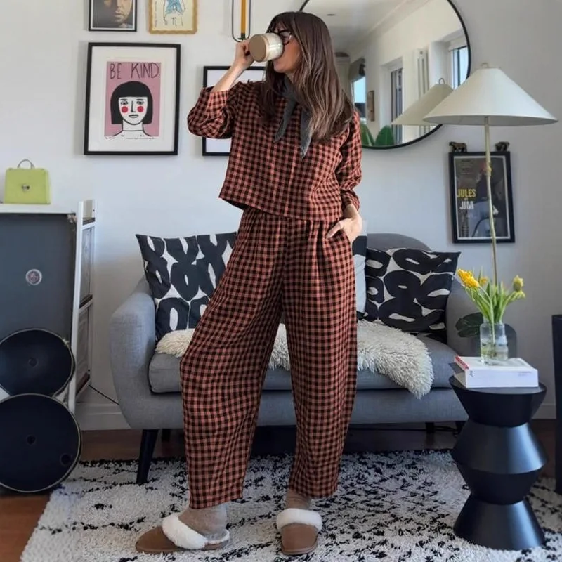 2025 neue Mode Gedruckt Rundhals Hemd + Breite bein Hosen Zwei-stück Sets Frauen Herbst Beiläufige Lose Top hosen Anzug Für Frauen