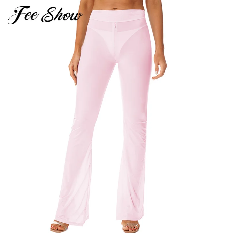 

Womens Semi See-Through Yoga Flared Pants Zipper Crotch Bell-Bottomed Trousers for Skinny Workout Club Pole Dancing Performance