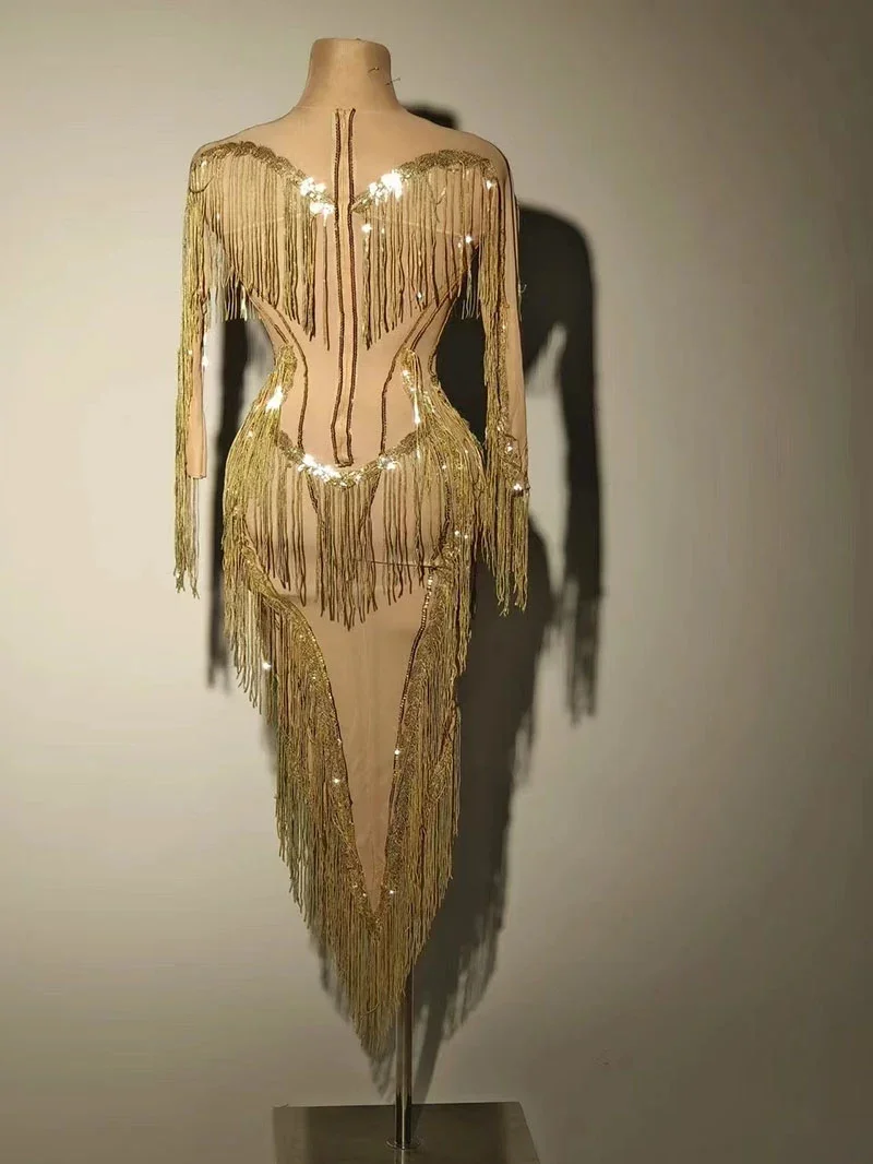 Vestido dorado con flecos para mujer, traje de Drag Queen, club nocturno, Bar, Gogo, Ropa de baile, fiesta, banquete, vestidos de noche, traje Rave