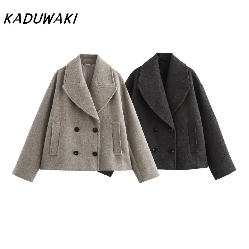 KADUWAKI Fashion Retro Lapel Long-sleeved Short Coats Fall/Winter Loose Double-breasted Wool Button Pocket Blends Польто Женское