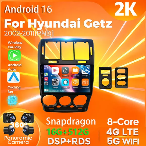Android 16 Qualcomm For Hyundai Getz 2002 - 2011 Carplay Auto Car Radio Player Multimedia Stereo Navigation Head Unit Video GPS