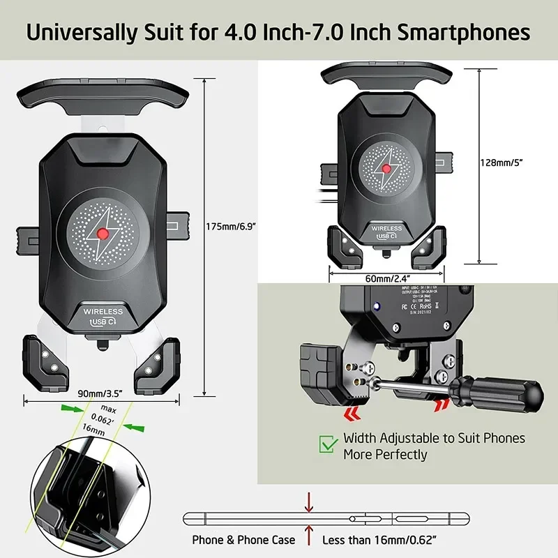 Motorfiets Draadloze Telefoon Mount Snelle Oplader Stand 15W & Usb C 3a Stuur Anti Diefstal Motor Motor Motor Houder Voor 4.0-7.0 