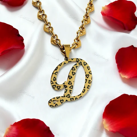 Personalized Name Necklace Black Leopard Initial Pendant Heart Chain Valentines Birthday Gift for Her Romantic Hypoallergenic