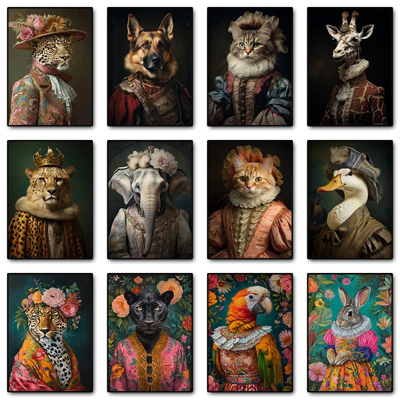 Vintage Floral Animal Head Aristocratic Portrait Leopard Duck Posters Prints Canvas Printing Wall Art Picture Living Room Dec