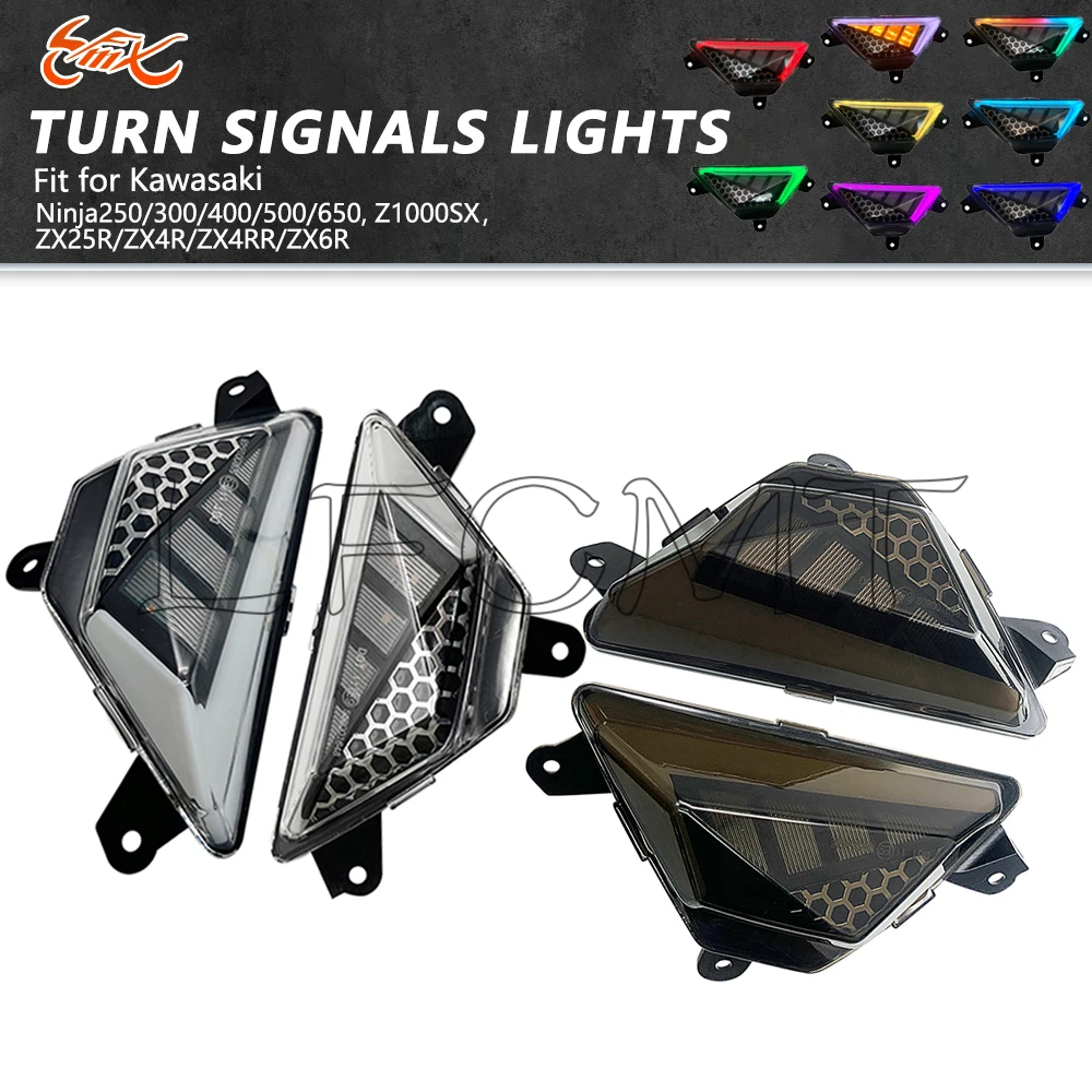 

Front LED Turn Signals Indicators Colorful Daytime Running Light Fit for KAWASAKI NINJA 1000 ZX-6R ZX25R ZX4R ZX4RR ER6F EX650