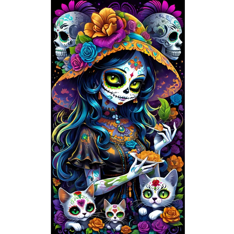 Sunature Diamond Painting Art Full Square Round Drills Skeleton Girl Cat Halloween Diamond Painting Kits