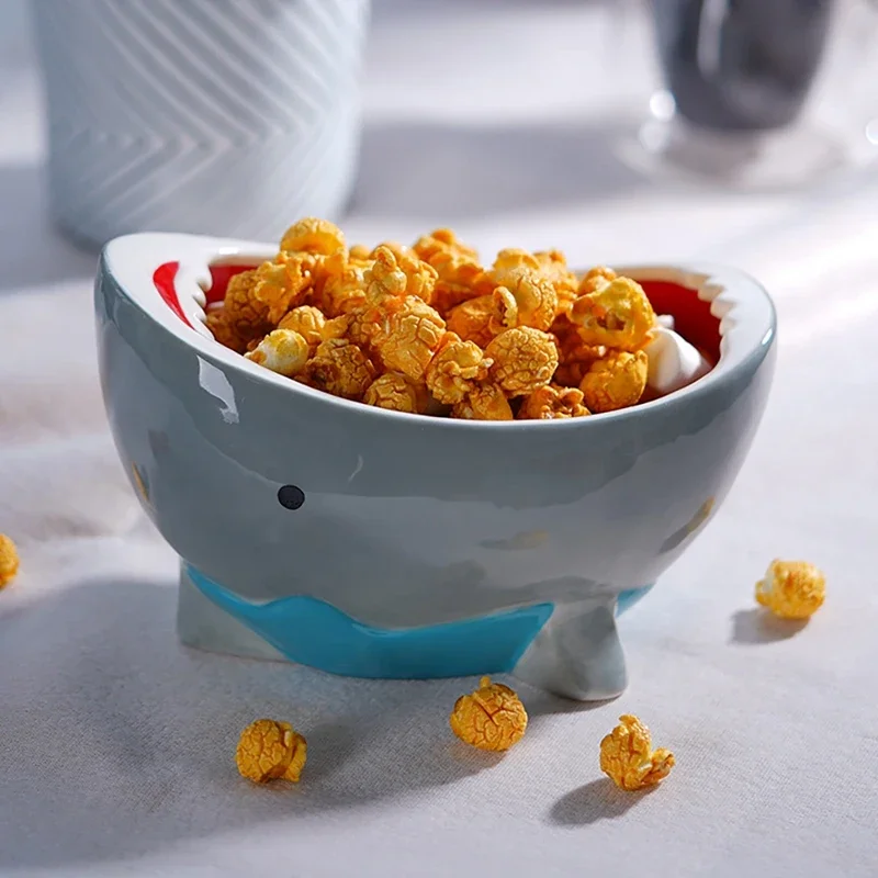 Cute Shark Attack Bowl Cereal Candy Ceramic Cartoon Fruit Food Snack Storage Box For Household