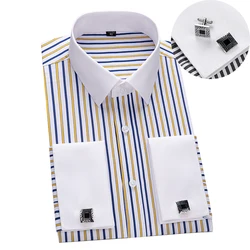 Men's Slim Fit French Cufflink Shirt Contrasting Collar Windsor Striped Business Formal Long Sleeved Dress Shirt Double Cuff