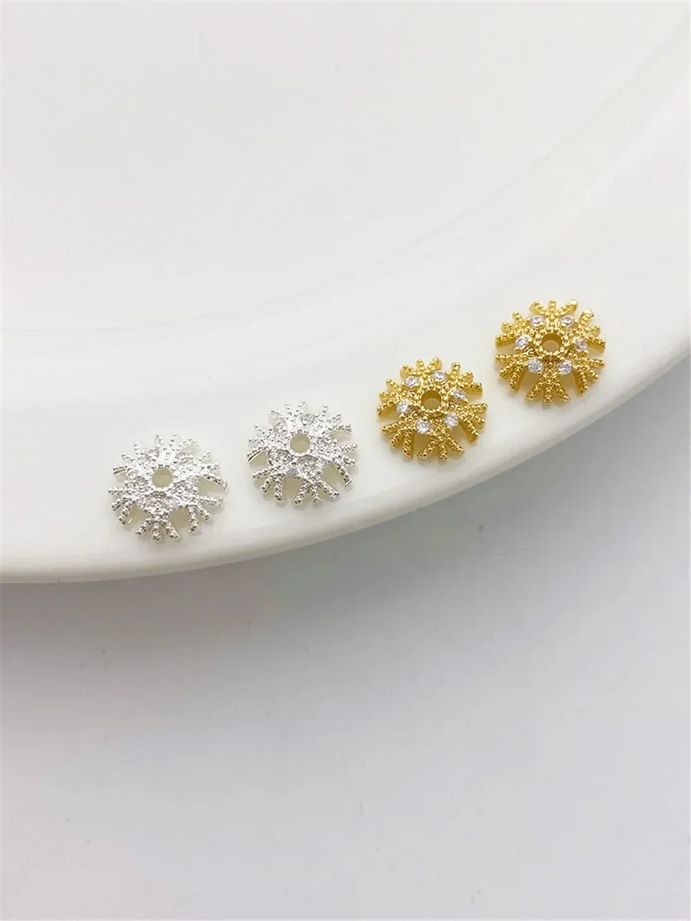 14K Gold and Silver Inlaid with Zircon Christmas Snowflake Tray Spacer Handcrafted DIY Bracelet Necklace Accessory Materials