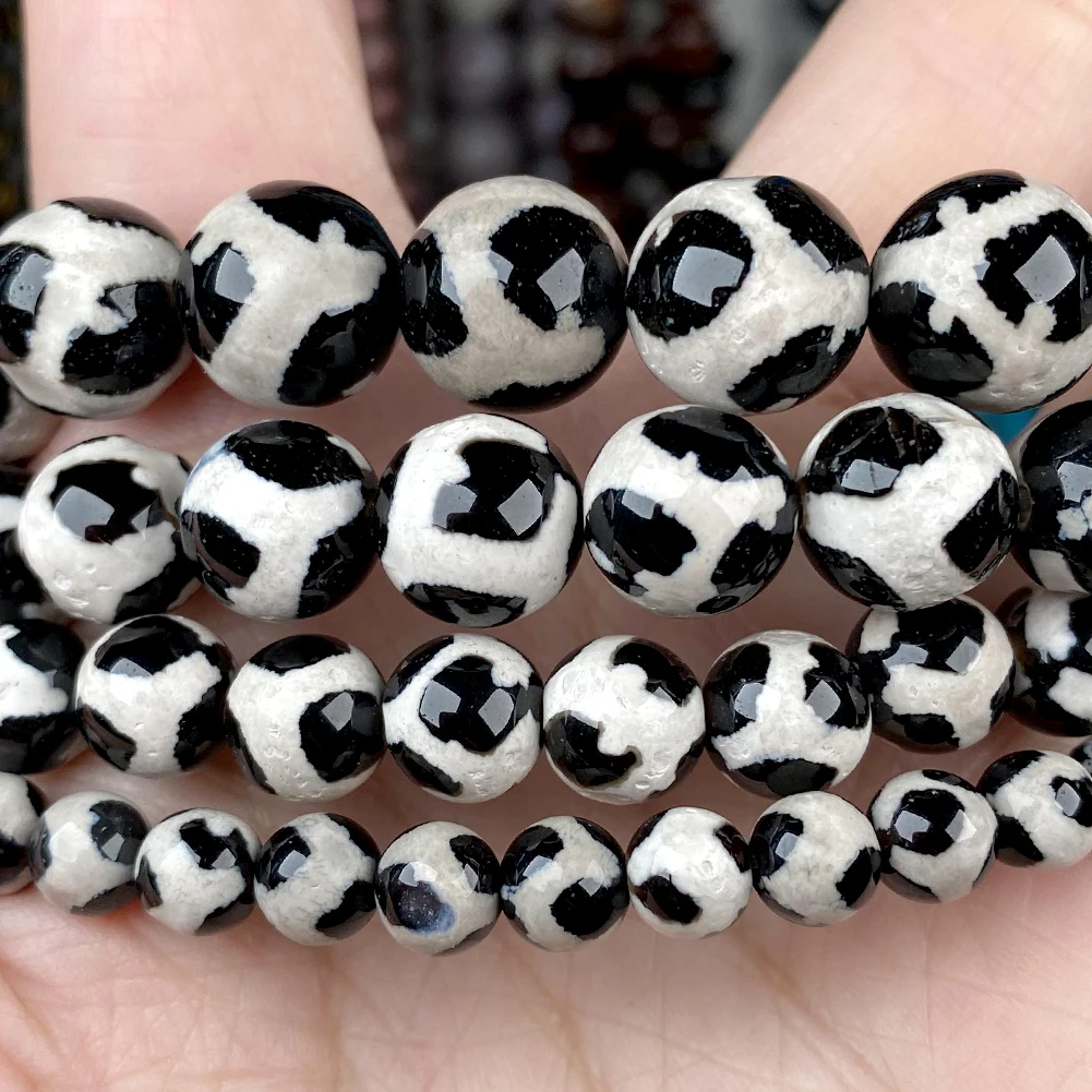 Natural Round Smooth Football Tibetan Dzi Beads Loose Black White Dzi Beads For Jewelry Making DIY Necklace Bracelet Accessories