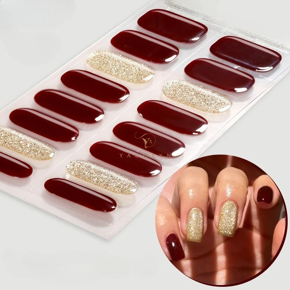 16 dicas linhas de ouro semi-curado gel adesivo de unhas glitter lantejoulas tiras de esmalte de longa duração cobertura completa gel arte do prego adesivos