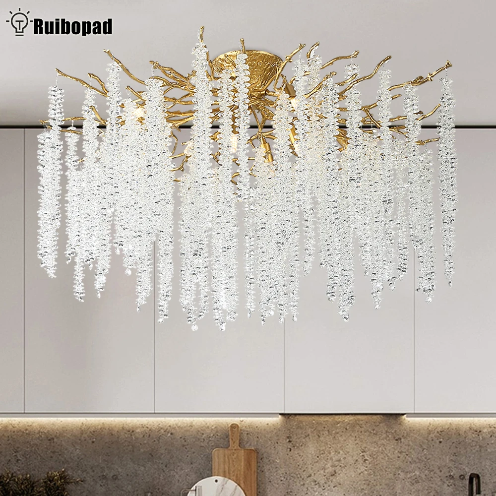 Round Crystal Ceiling Branch Chandelier For Bedroom Lounge Dining Living Room Kitchen Table Modern Gold Tree Branches Chandelier