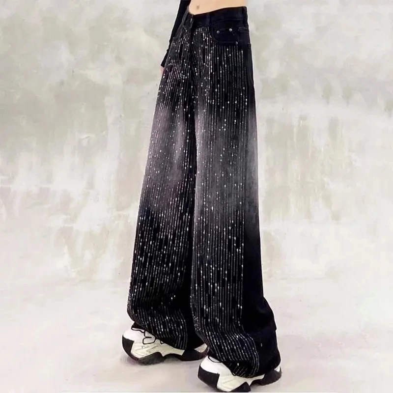 Herbst Winter Neue Retro Casual Farbverlauf blockiert Glänzende Heißer Präge design Jeans Hohe taille Gerade bein Breite bein hosen