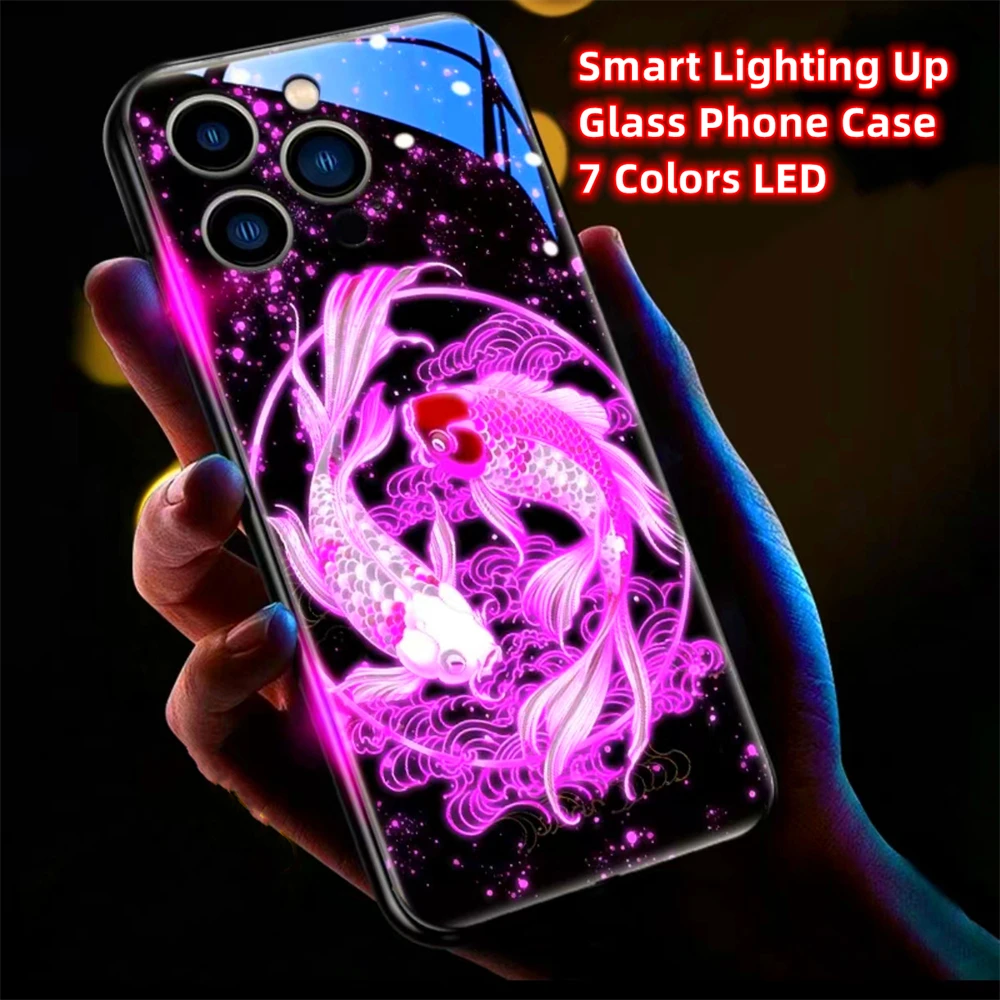 Carp Bringing Good Luck LED Light Glow Luminous Glass Phone Cases For Samsung S24 S23 S22 S21 S20 FE Note 10 20 Plus Ultra A54