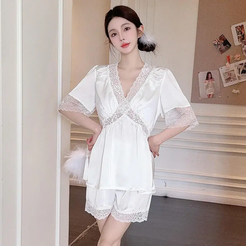 

Новый летний женский пижамный комплект с короткими рукавами и шортами, милый кружевной домашний костюм для женщин, простой французский комплект из двух предметов для подростков