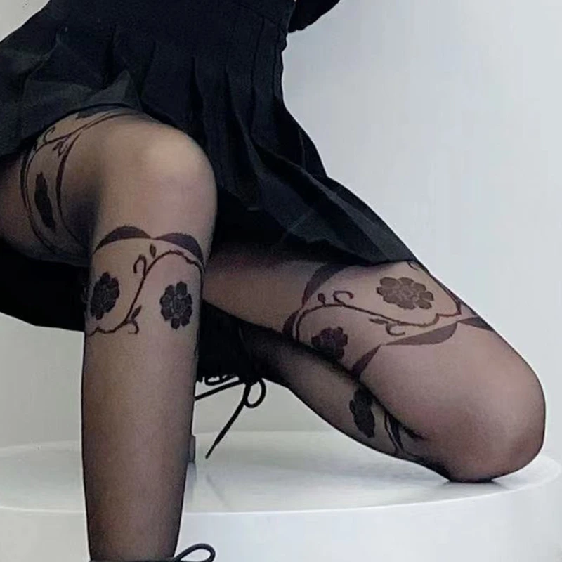 

Korea Style Flowers Pantyhose Slim Leg Women Thin Tights Summer Autumn Retro High Elastic Ladies Long Thigh Stockings Woman