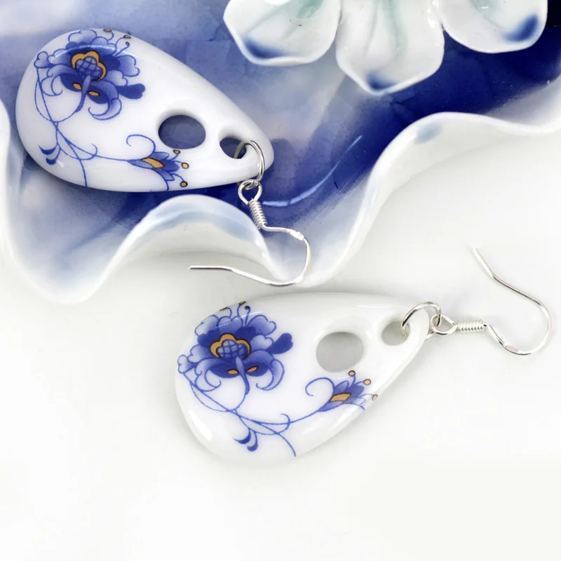 1 Pair Of Traditional Ceramics Drop Earrings Dainty Blue Flower Design Pick One U Prefer Match Daily Outfits Party Accessories