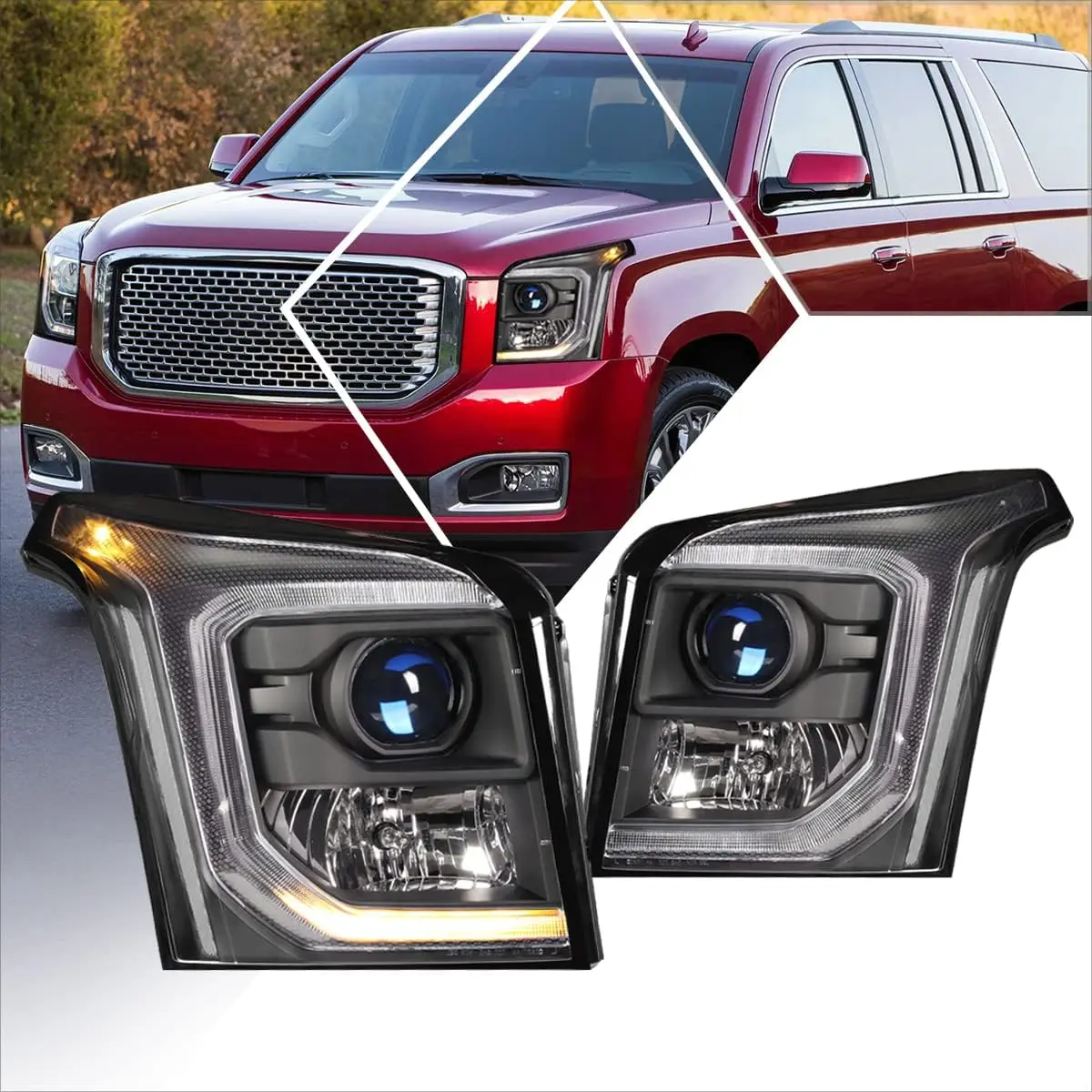 

Совместим с фарой проектора GMC Yukon XL 15-20 в сборе, светодиодом C-образной формы DRL, черным корпусом, прозрачным углом