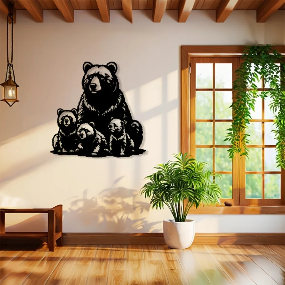 Arte de Pared Metálico de la Familia de Osos, Silueta Plana 2D de Madre Oso Negra y 3 Crías, Decoración Rústica para Interiores y Exteriores, Duradero A