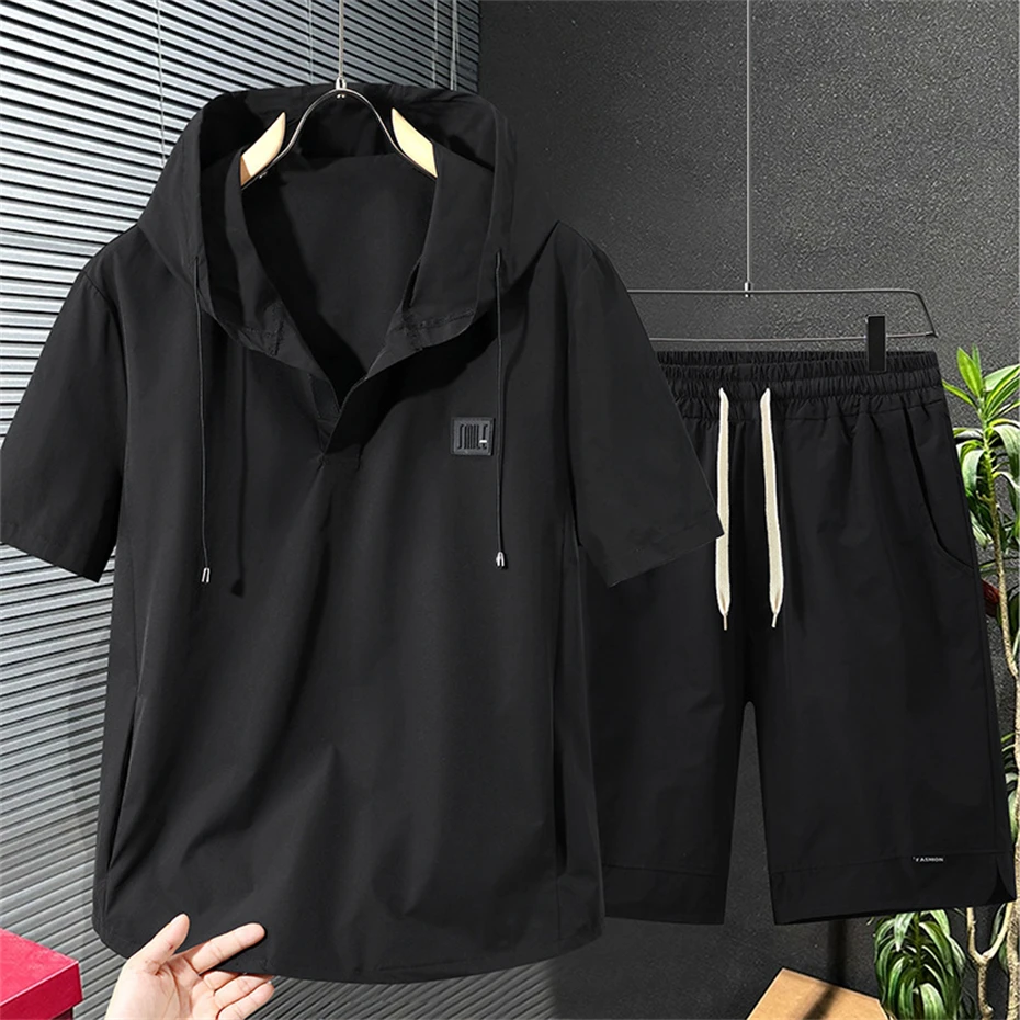 11XL Plus Size Suits Summer Tracksuits Men Summer Sets Casual Fashion Quick Drying Hooded Shirts Shorts Suits Male Big Size 11XL