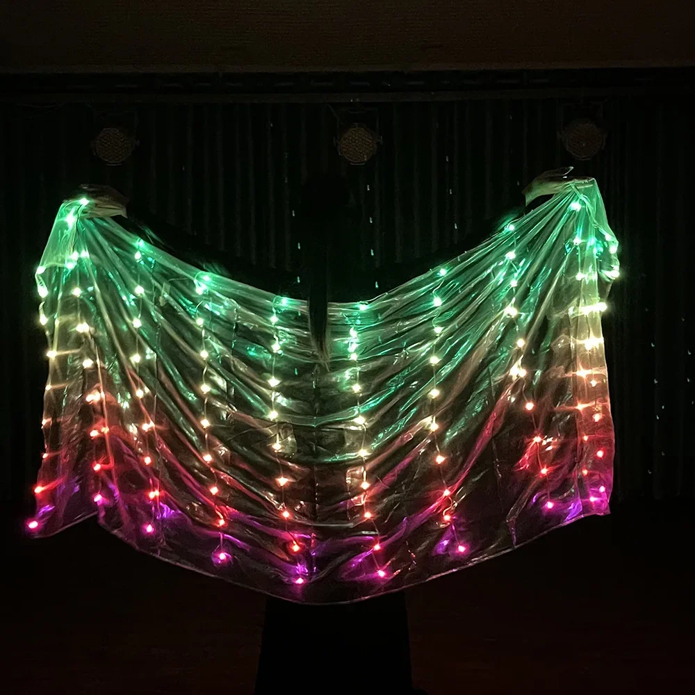 LED Light Silk Veils Women Rainbow Color Stage Performance Belly Dance Rectangle Veil Circus Festival Show Accessories Props