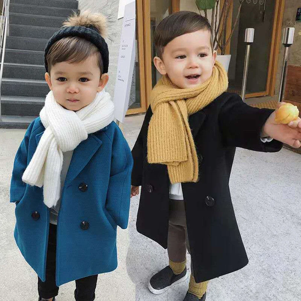 2-6-year-old Children's Korean Autumn and Winter Coat Wool Jacket Long Double Breasted Warm Flip Collar Pocket Jacket