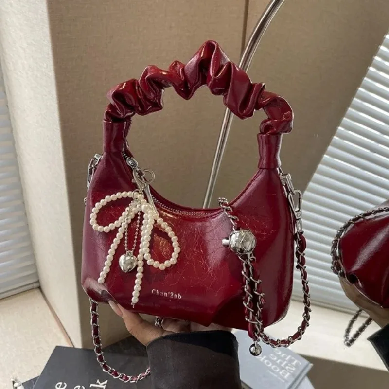 

Y2K Underarm Bags for Women Girls Pleated Handle Design Ladies Pearl Bow Handbag Adjustable Strap Shoulder Crossbody Bag