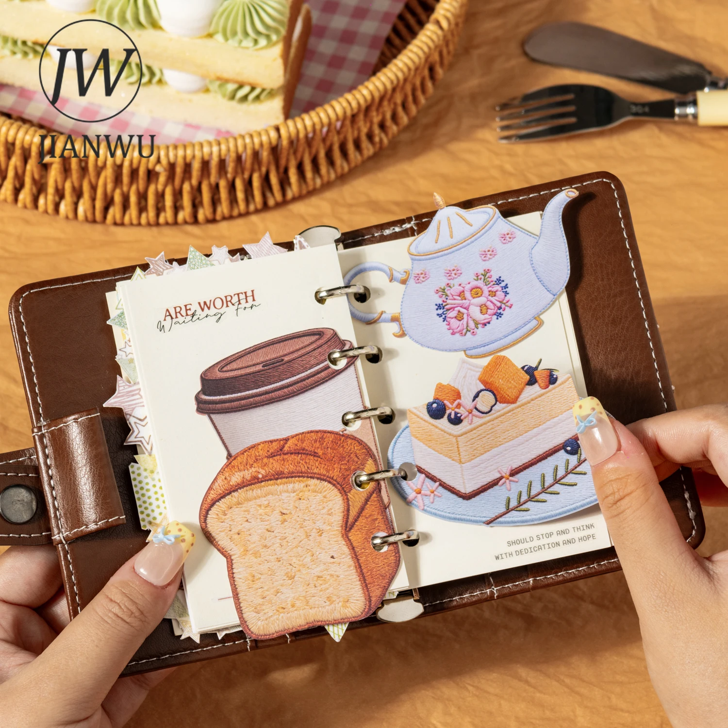 JIANWU Dairy Notes Series Vintage Embroidery Coffee Cake Landscape Material Collage Sticker Creative DIY Journal Stationery view 4