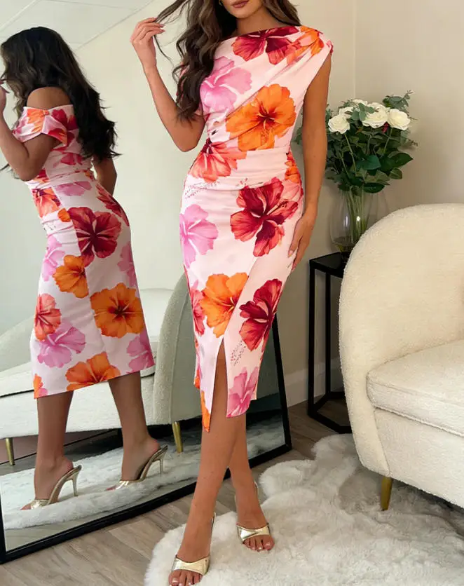

Women's Dress 2026 New Spring Fashion Floral Print Skew Neck Ruched Slim Fit Sleeveless Wrapped Slit Vacation Midi Dress