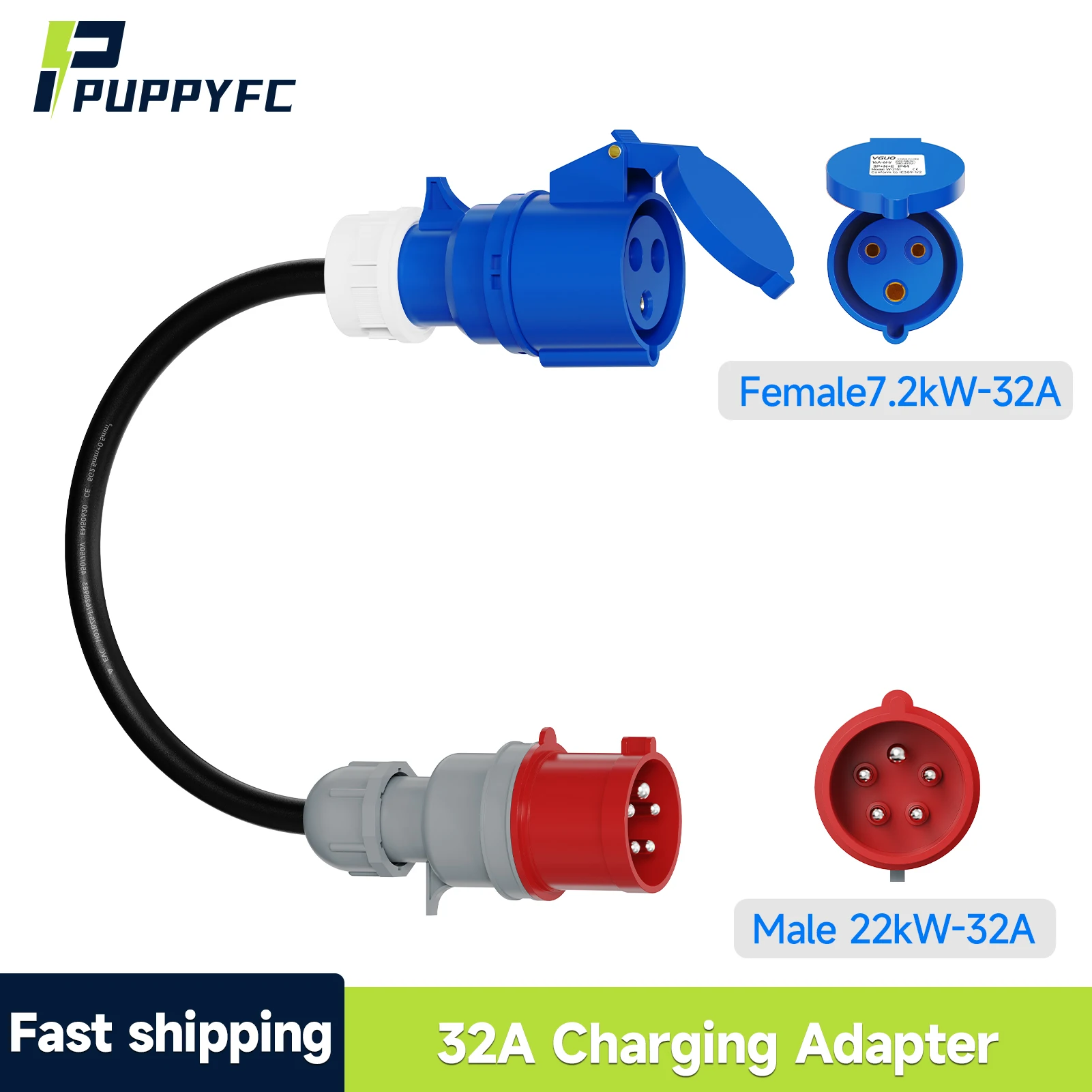 Puppyfc EV Charger Adapter 22kW to 7kW 3Phase to 1Phase CEE Red Male 5Pin to Blue Female 3Pin 32A Conversion Cable