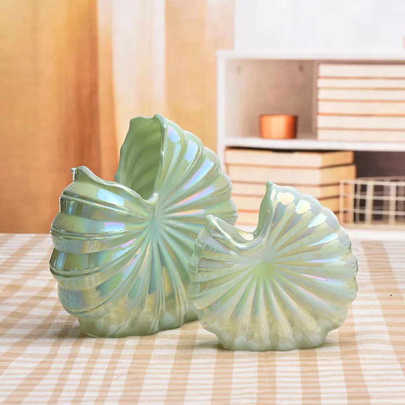 Iridescent Flower Vessel Glass Spray Color Art Vase Home Living Room Decoration Arrangement Porcelain Ornament Green Shell