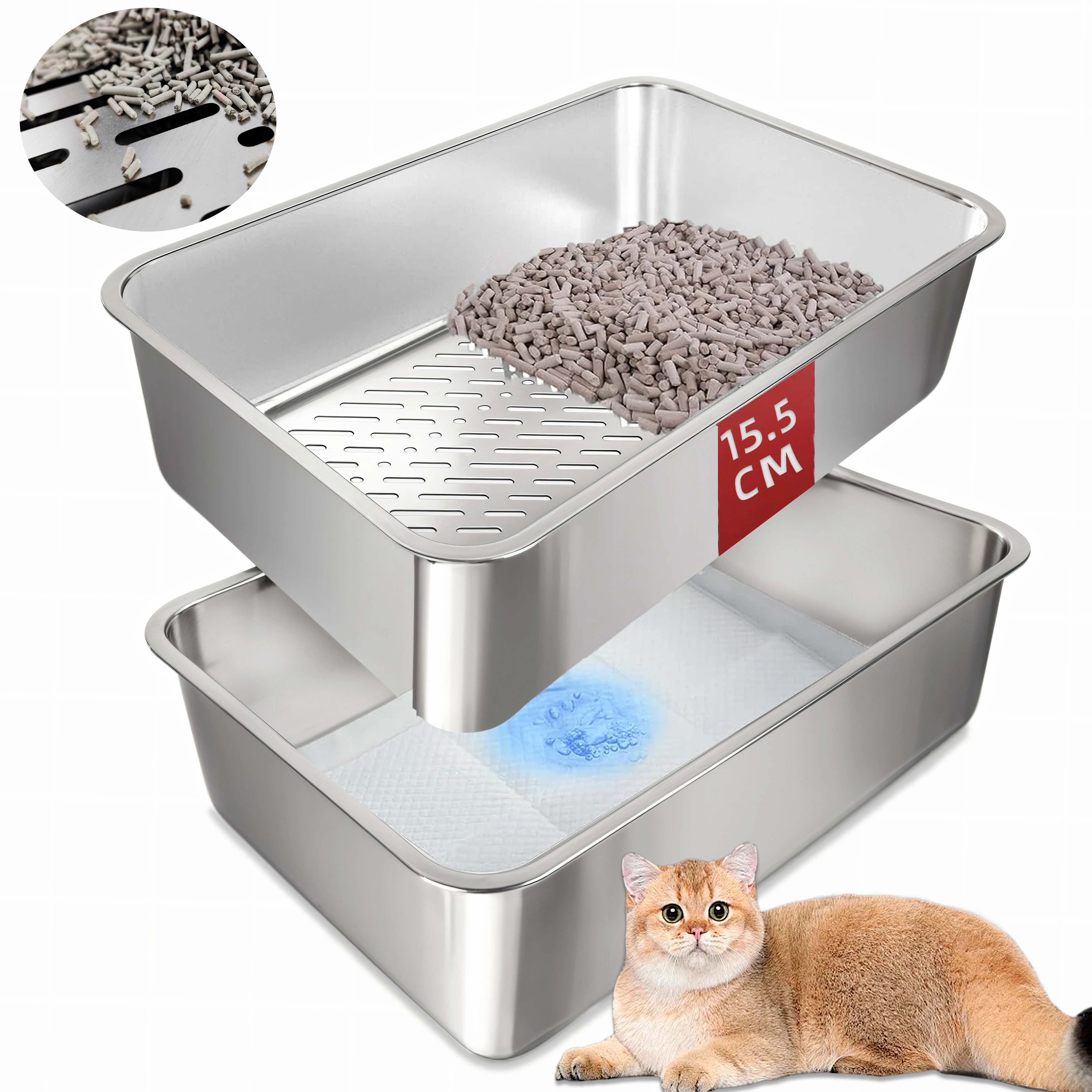 Double-Layer Stainless Steel Cat Litter Tray Easy Clean Feature with Sifting Filtering Promotes Cleaner & Hygienic Pet Care