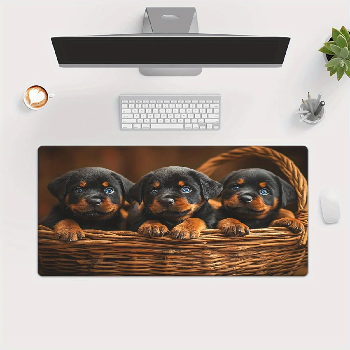 Cute Rottweiler Puppies In Basket Extra Large Mouse Pad Rubber Gaming Desk Mat Office