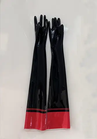 Sexy Black Long 3d Latex Gloves Sliim Arm Length Skin Tight with Red Trim